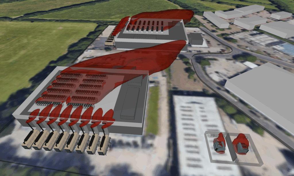 External data centre view showing impact of wind on generator exhaust plumes