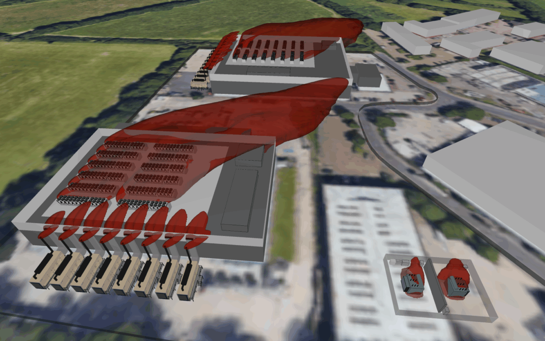 External data centre view showing impact of wind on generator exhaust plumes